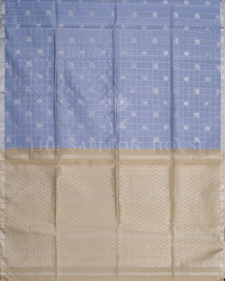 Powder Blue Tussar Soft Silk Saree with Zari Checks & Gold Border - TSH6061