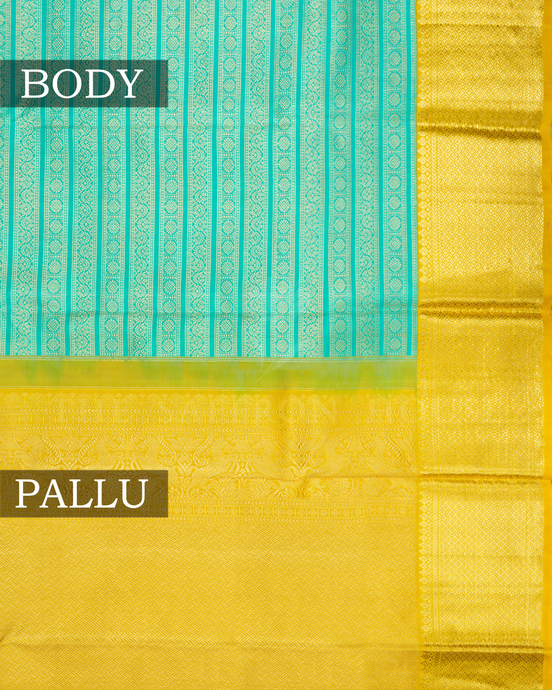 Aqua Green And Mustard Yellow Handwoven Kanjivaram Silk Saree - TSH2506040-view3