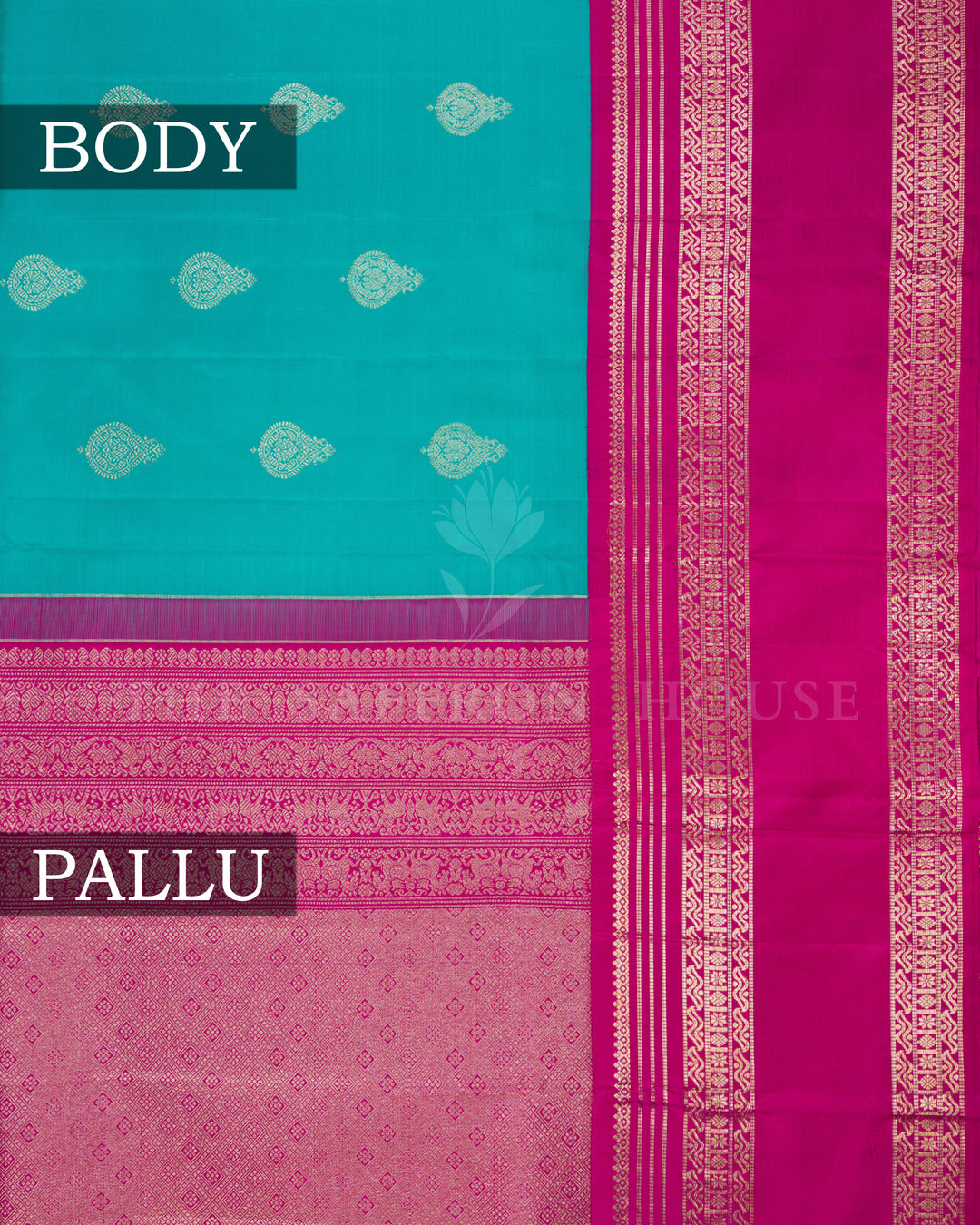 Turquoise Blue And Magenta Pink Retta Pett Handwoven Kanjivaram Silk Saree - TSH2506256