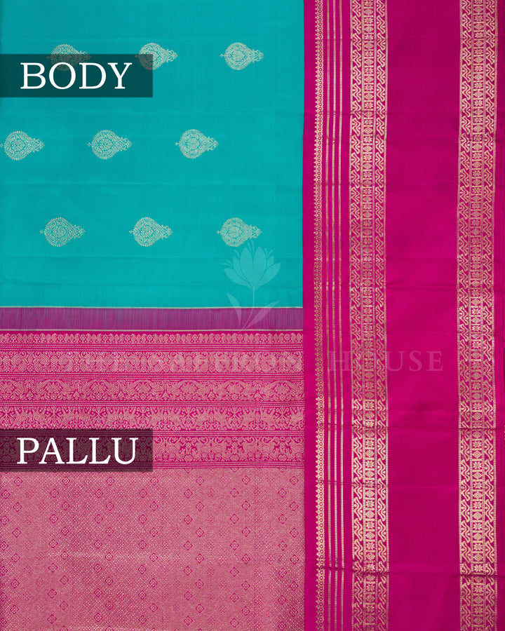 Turquoise Blue And Magenta Pink Retta Pett Handwoven Kanjivaram Silk Saree - TSH2506256
