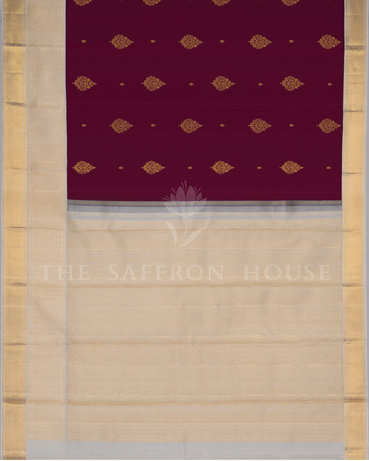 Handloom Kanjivaram Silk Saree is Deep Plum Maroon And Off White - TSH250015
