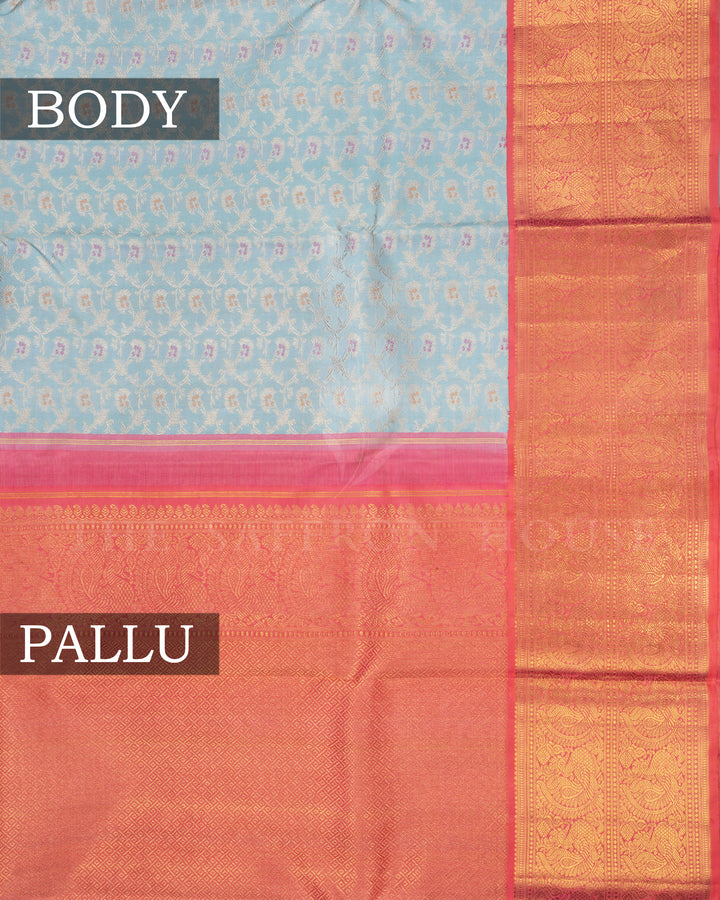 Sky Blue And Orangish Pink Handwoven Kanjivaram Silk Saree - TSH2506033-View3