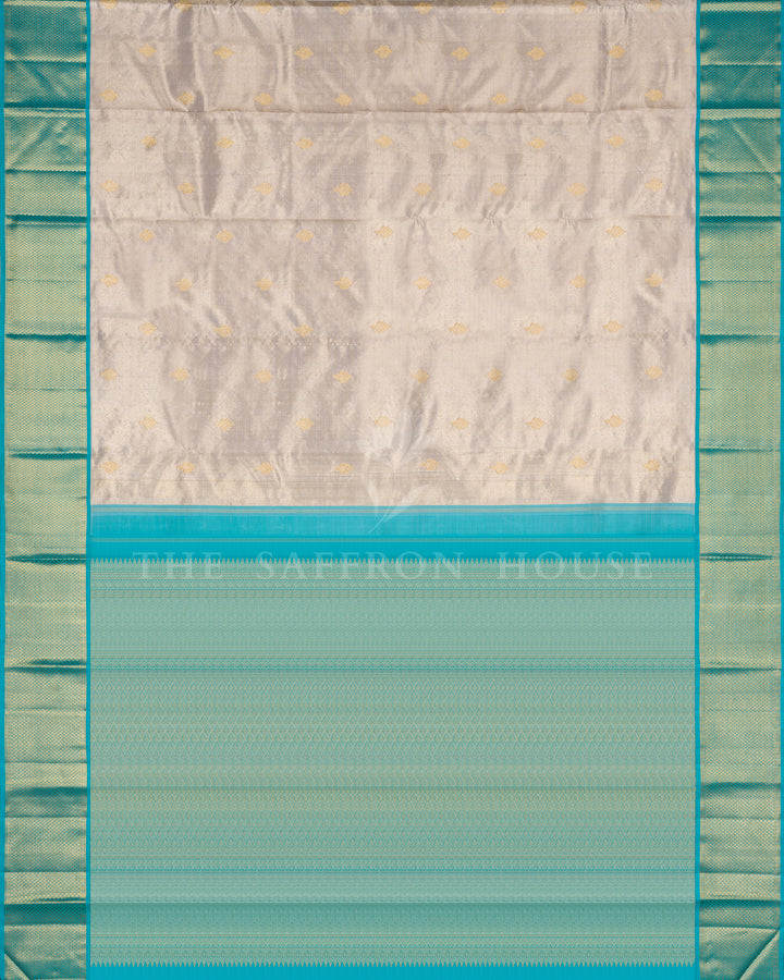 Handloom Pure Kanjivaram Silk Saree in Ivroy And Sky Blue - TSH250008