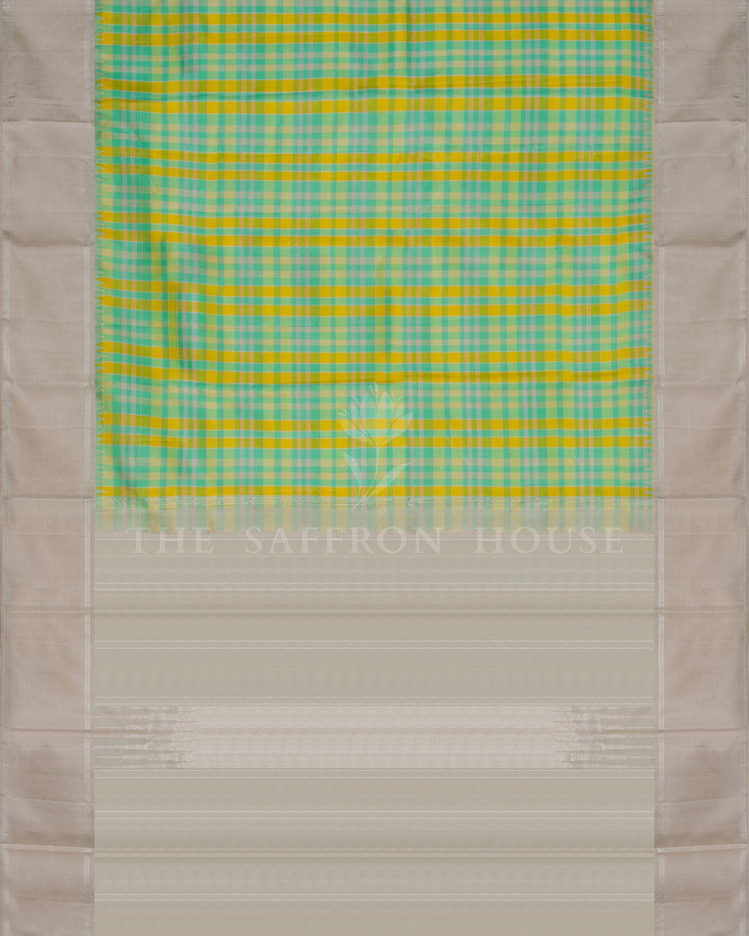 Handloom Kattam  Kanjivaram Silk Saree in Mint Green, Lemon Yellow And Greige - TSH6067