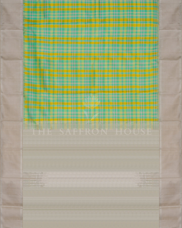 Handloom Kattam  Kanjivaram Silk Saree in Mint Green, Lemon Yellow And Greige - TSH6067