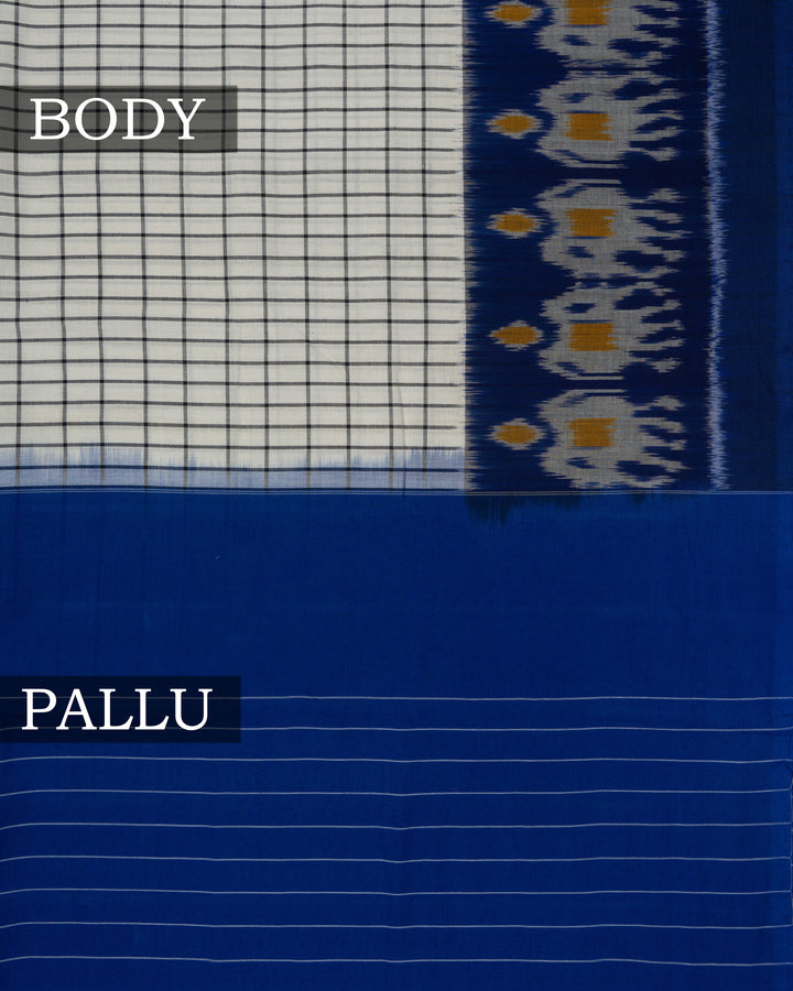 White And Blue Handloom Cotton Saree with Ikkat Border- TSH2506086-view2