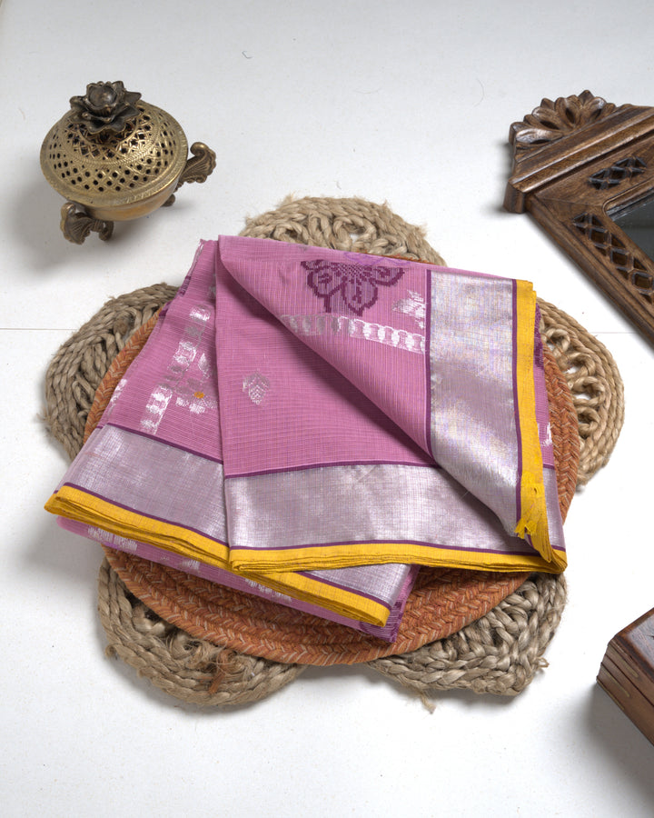 Mauve Pink Kota Cotton Saree with Silver Zari