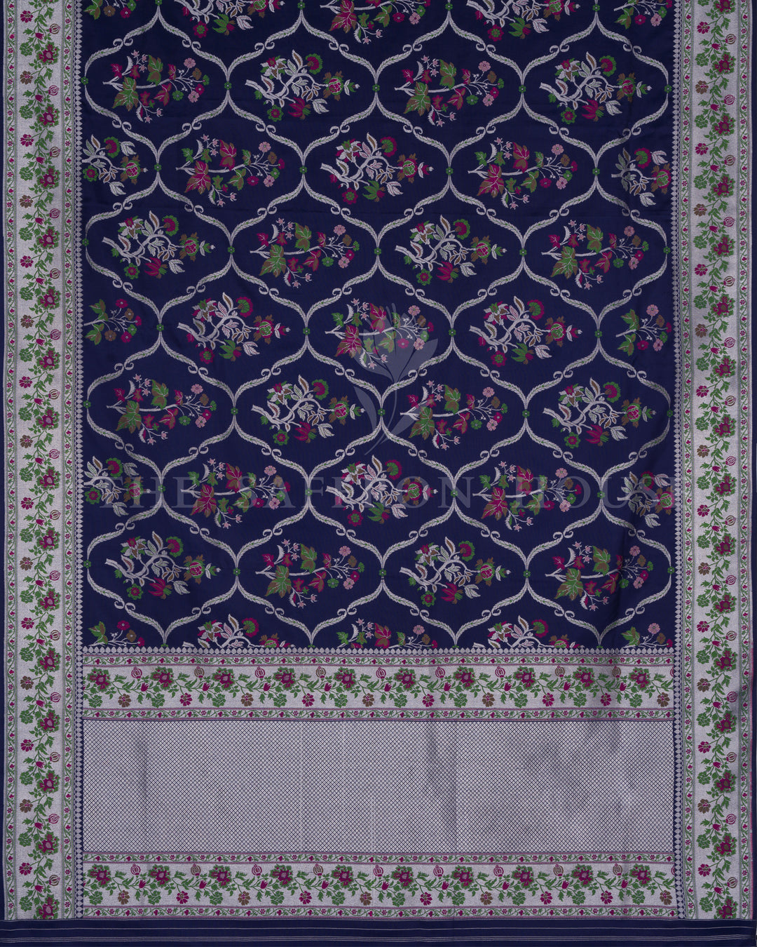 Midnight Navy Katan Banarasi Saree with Resham Floral Jaal and Silver Zari Border