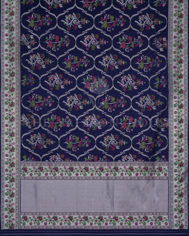 Midnight Navy Katan Banarasi Saree with Resham Floral Jaal and Silver Zari Border