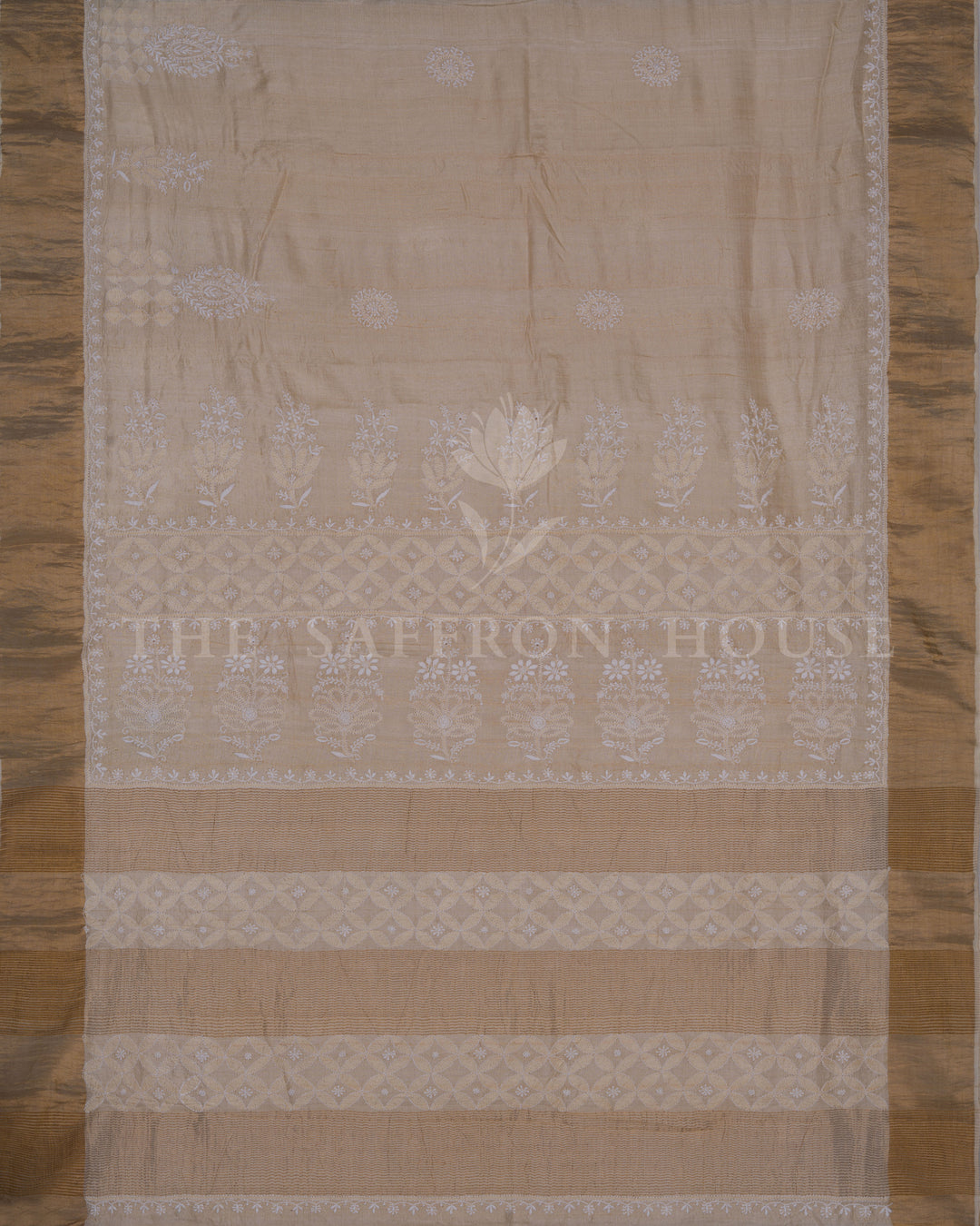 Beige Tussar Silk Chikankari Saree with Hand-Embroidered Paisley Motifs