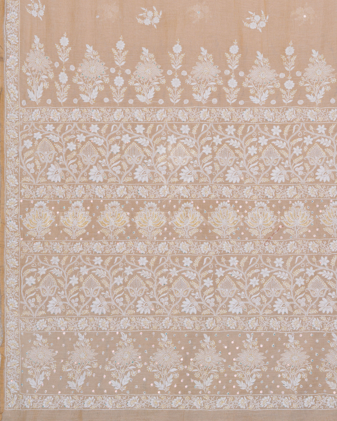 Beige Chikankari Muslin Cotton Saree with Hand Embroidered Floral Motifs and Sequins
