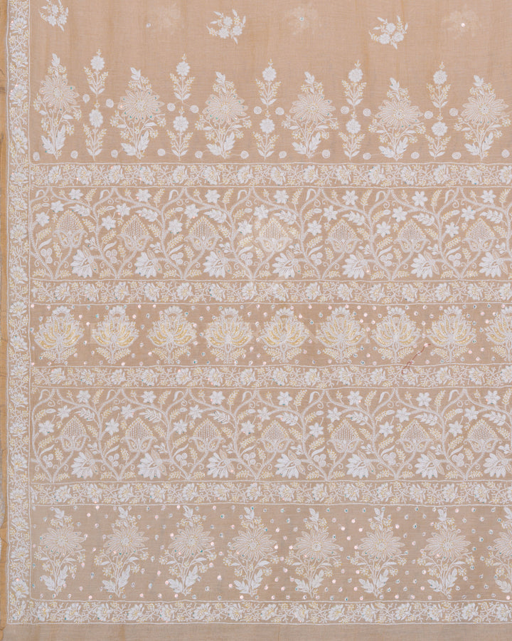 Beige Chikankari Muslin Cotton Saree with Hand Embroidered Floral Motifs and Sequins