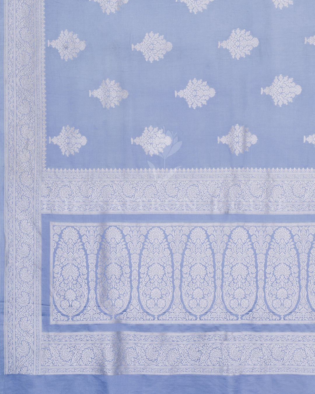 Sky Blue Mashru Banarasi Saree with Ivory Zari Floral Jaal and Vase Butas