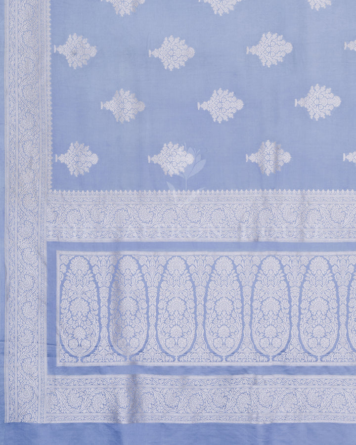 Sky Blue Mashru Banarasi Saree with Ivory Zari Floral Jaal and Vase Butas