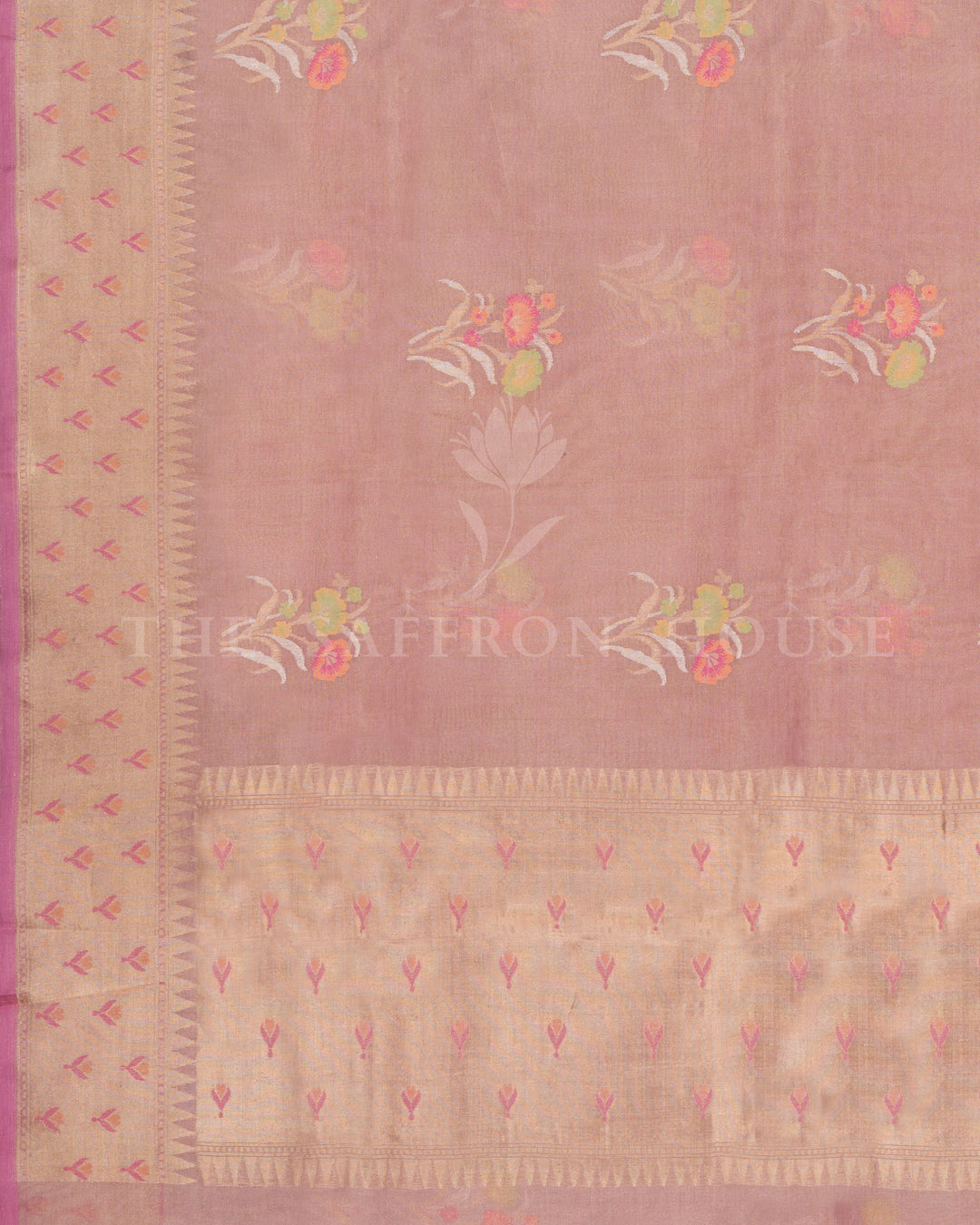 Dusty Rose Kora Banarasi Saree with Paithani-Inspired Border and Pastel Floral Motifs