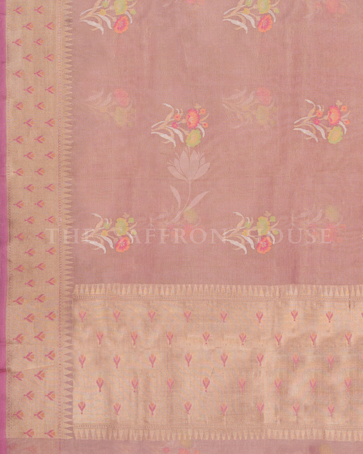 Dusty Rose Kora Banarasi Saree with Paithani-Inspired Border and Pastel Floral Motifs