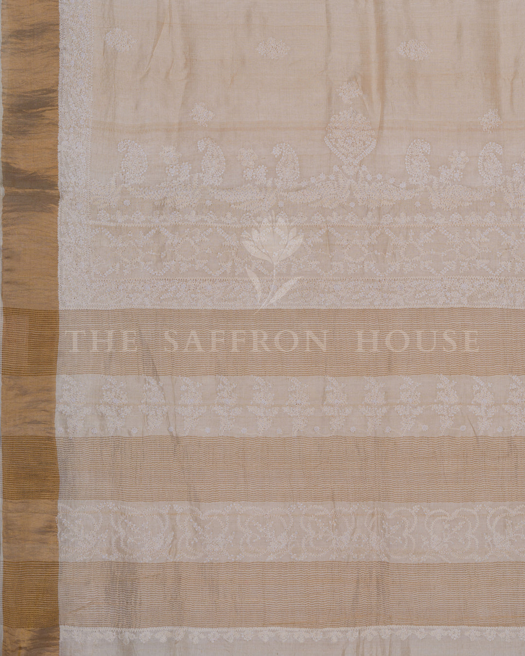 Beige Tussar Silk Chikankari Saree with Hand-Embroidered Paisley Motifs - TSH250532