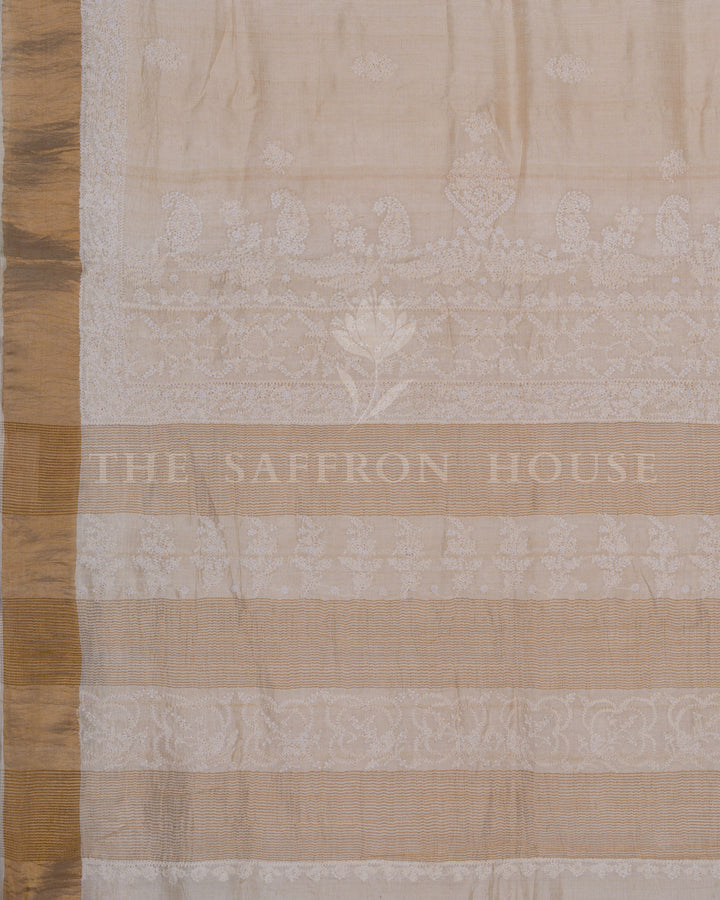 Beige Tussar Silk Chikankari Saree with Hand-Embroidered Paisley Motifs - TSH250532