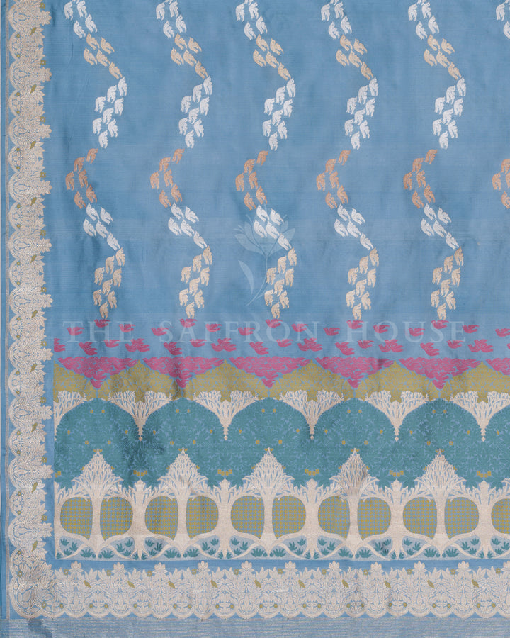 Sky Blue Katan Meenakari Banarasi Saree with Flying Bird Motifs and Jungle Border