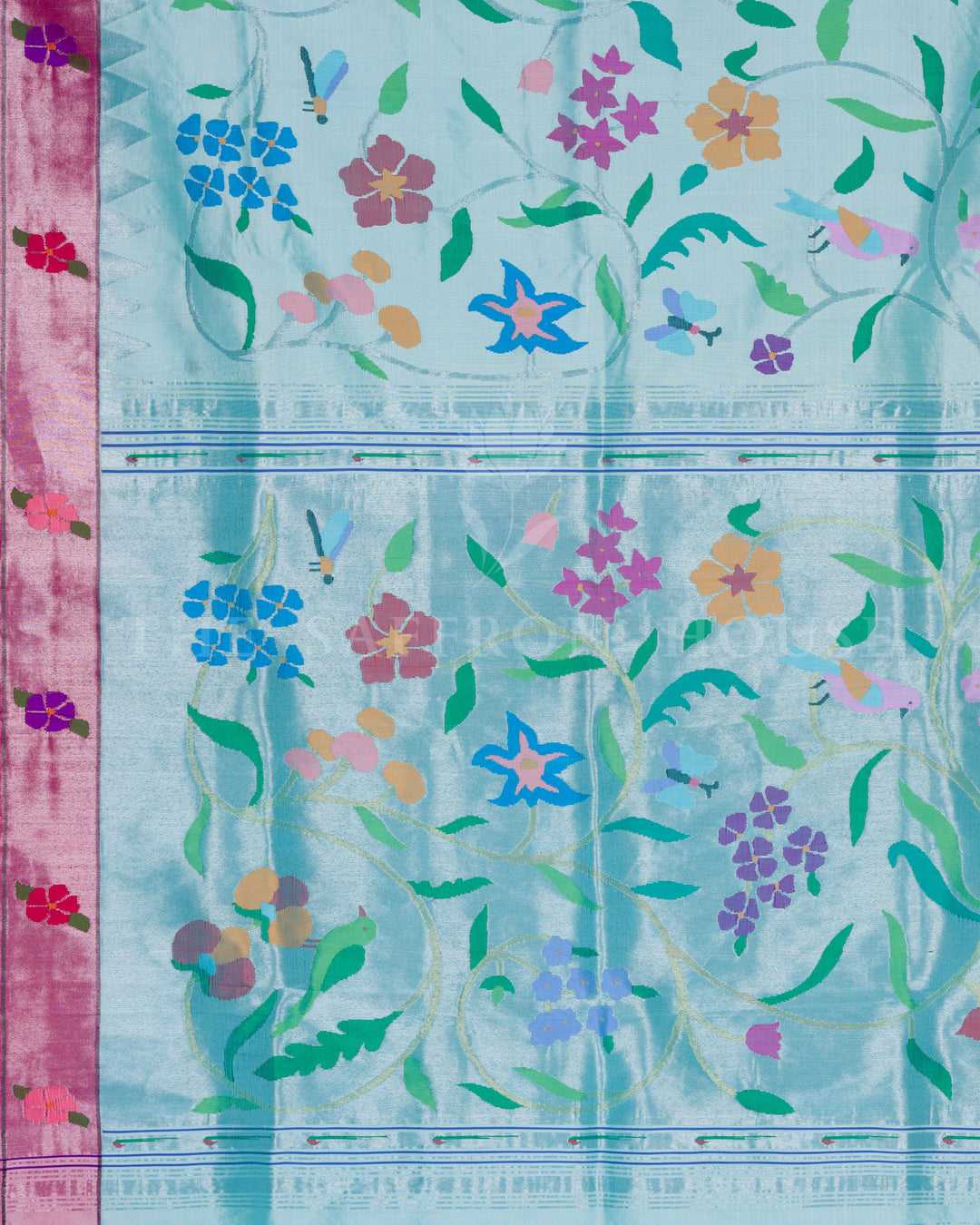 Sky Blue Pure Handloom Paithani Saree with Allover Floral & Hansa Motifs