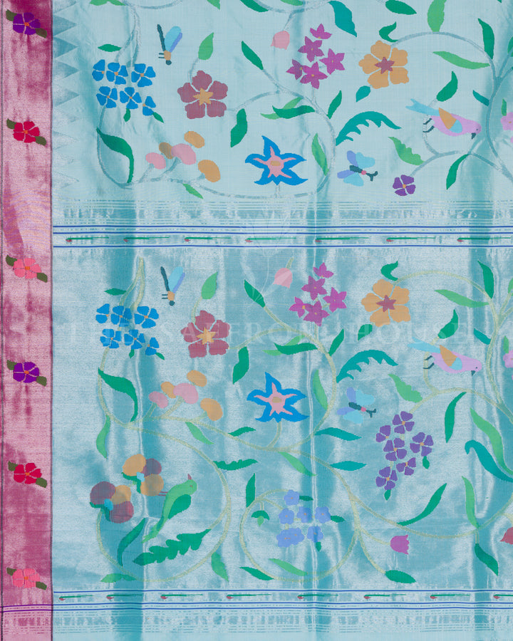 Sky Blue Pure Handloom Paithani Saree with Allover Floral & Hansa Motifs