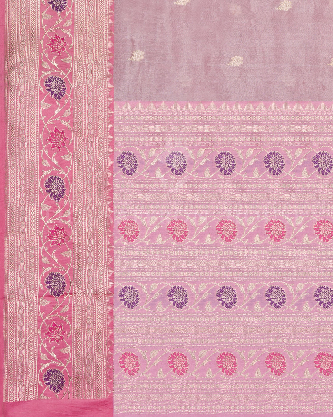 Rose Pink and Violet Floral Kora Banarasi Saree with Gold Zari