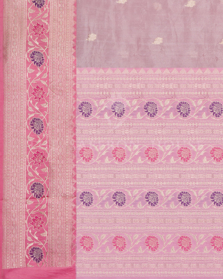 Rose Pink and Violet Floral Kora Banarasi Saree with Gold Zari