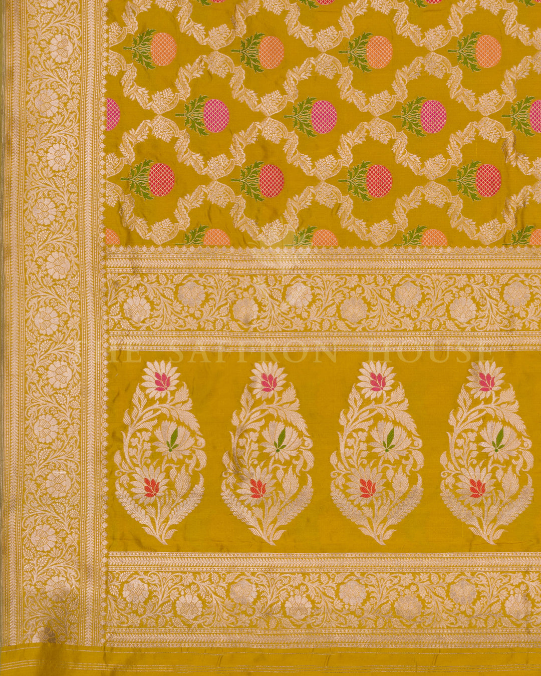 Kathan Banarasi Silk Saree in Mustard with Meenakari Marigold Motifs & Floral Jaal - TSH250230