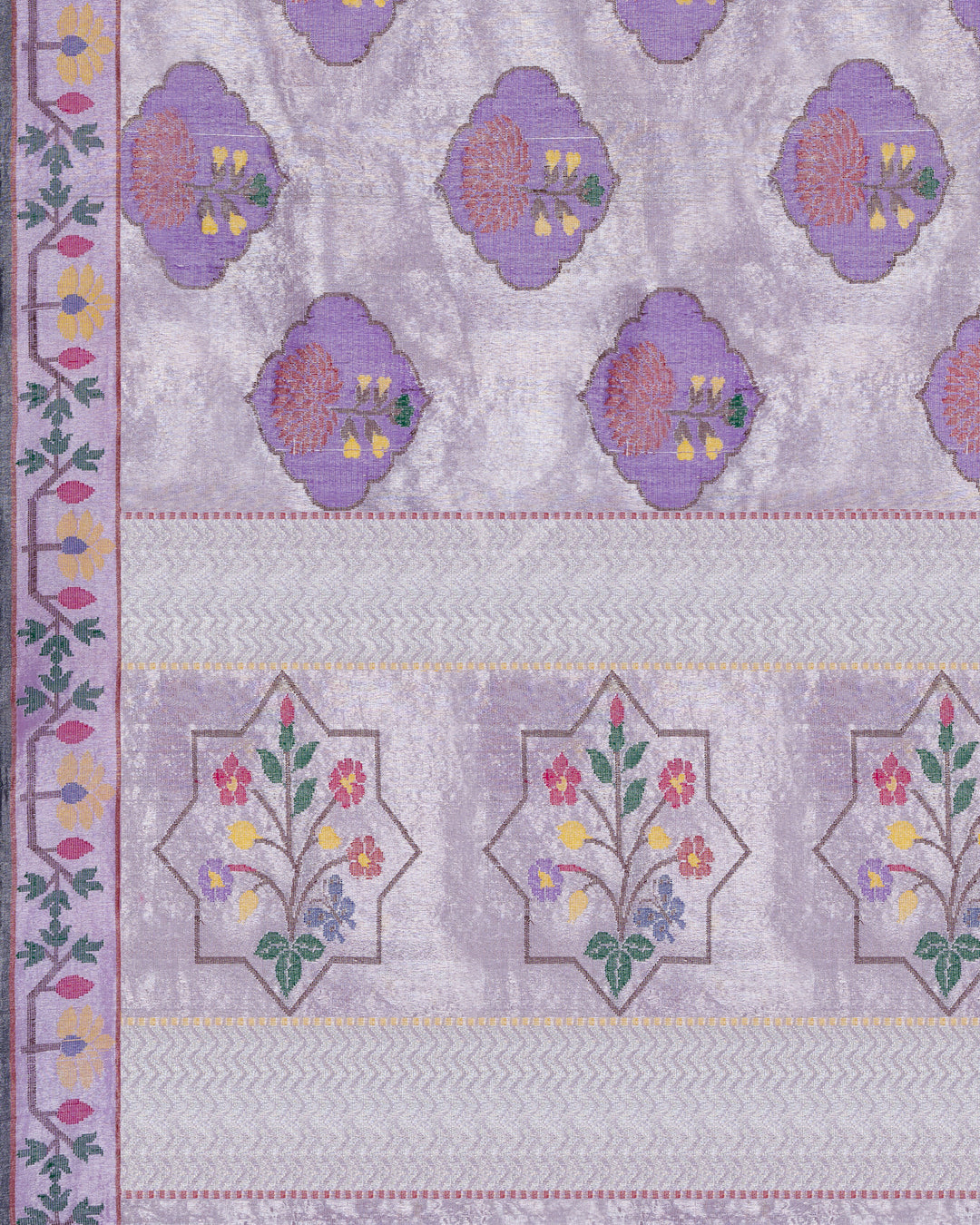 Pure Zari Kora Saree in Lilac with Resham Woven Floral Medallions