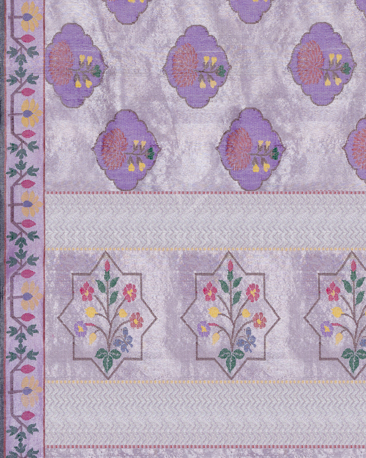 Pure Zari Kora Saree in Lilac with Resham Woven Floral Medallions