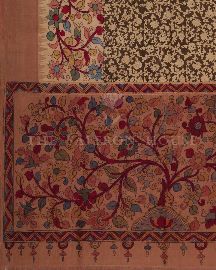 Pen Kalamkari on Kanchi Handwoven Saree with Temple Borders
