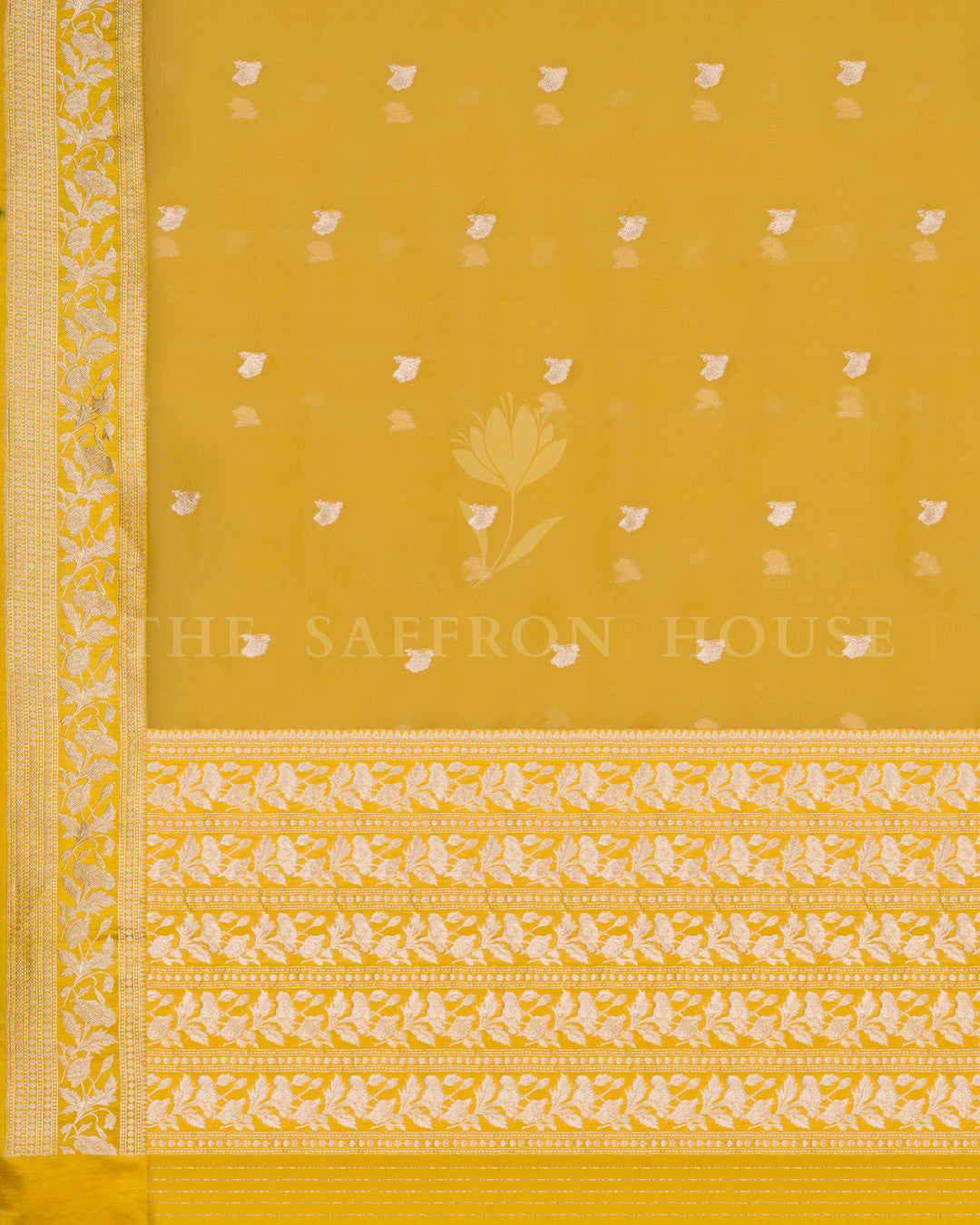 Marigold Yellow Kora Banarasi Saree with Silver Zari Floral Vines