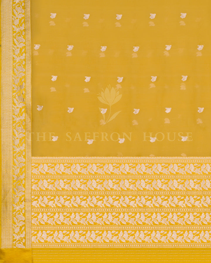 Marigold Yellow Kora Banarasi Saree with Silver Zari Floral Vines