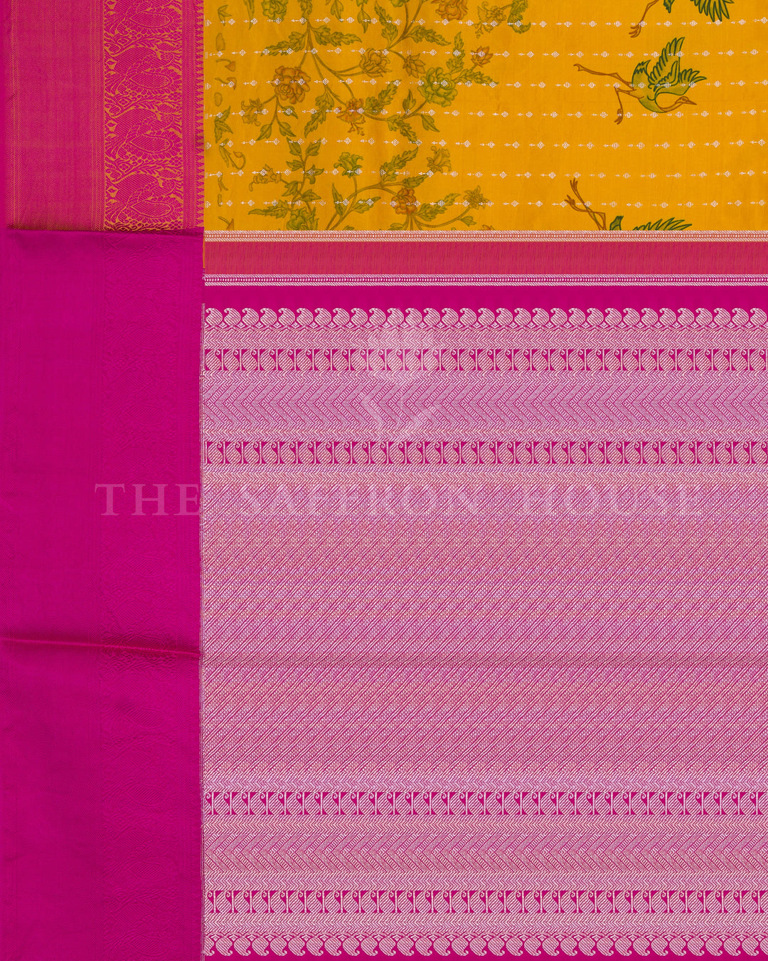 Printed Kanchivaram Silk Saree with Ganga Jamuna Borders and Threaded Mayil Motifs