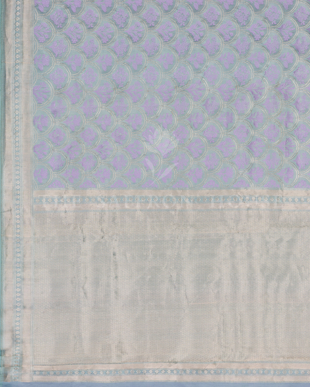 Icy Blue Mashru Banarasi Saree with Lilac Zari Floral Medallions