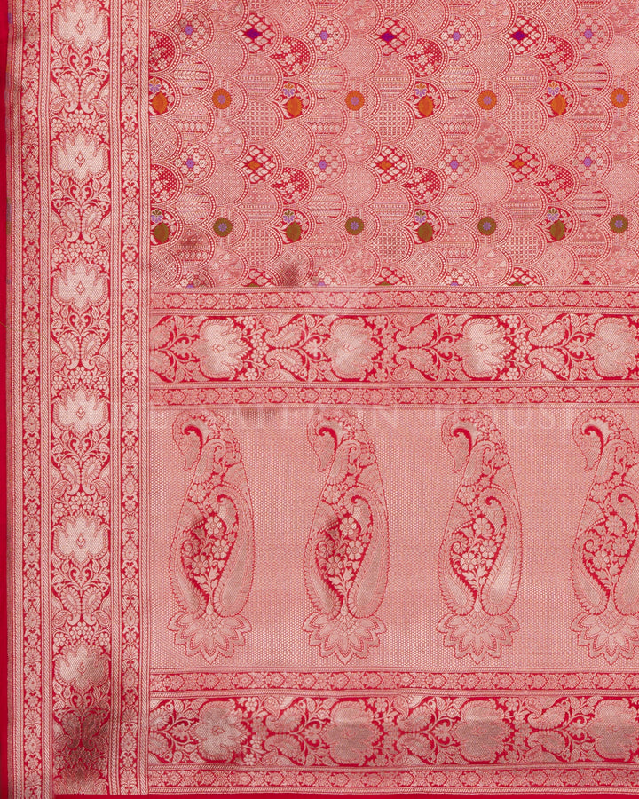 Crimson Red Katan Brocade Banarasi Saree with Meenakari Arch Motifs