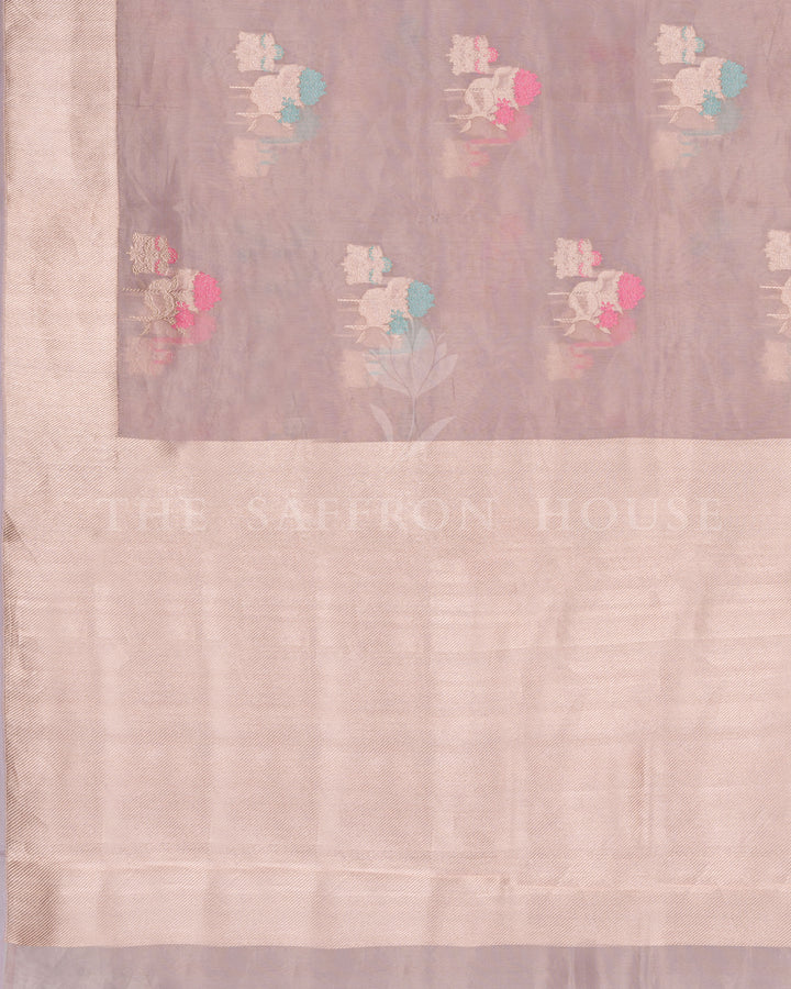 Pastel Lilac Kora Banarasi Saree with Multicolor Floral motifs and Zari Border