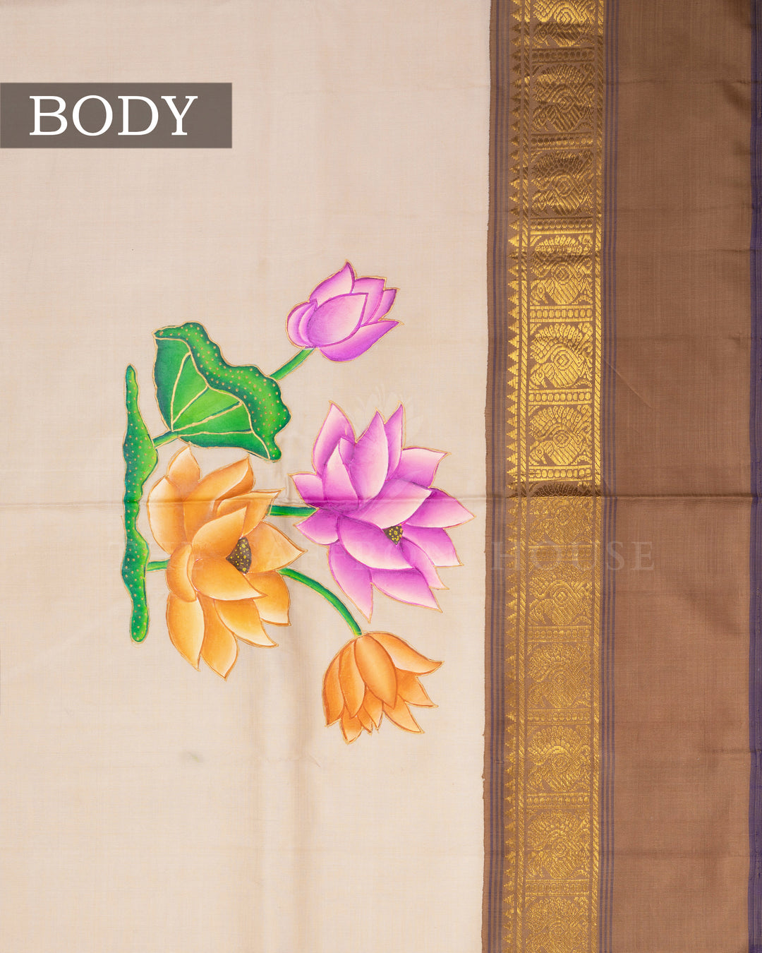 Ivory And Dark Beige Tanjore Hand-Painted Kanjivaram Silk Saree - TSH2506158