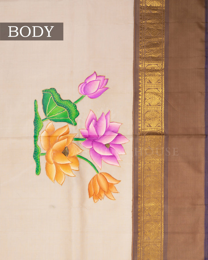 Ivory And Dark Beige Tanjore Hand-Painted Kanjivaram Silk Saree - TSH2506158