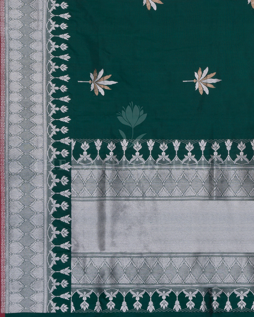 Bottle Green Katan Banarasi Saree with Silver Zari and Meenakari Palm Motifs