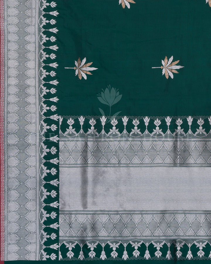Bottle Green Katan Banarasi Saree with Silver Zari and Meenakari Palm Motifs