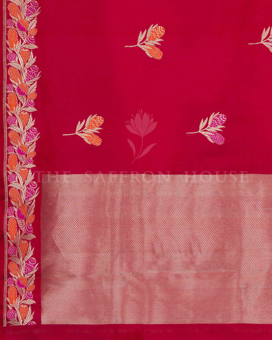 Ruby Red Velvet-Finish Mashru Banarasi Saree with Pashmina-Inspired Floral Border