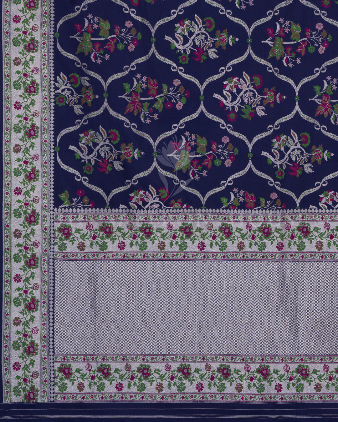Midnight Navy Katan Banarasi Saree with Resham Floral Jaal and Silver Zari Border