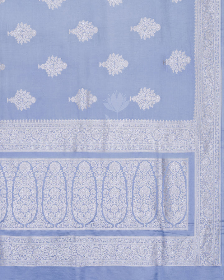 Sky Blue Mashru Banarasi Saree with Ivory Zari Floral Jaal and Vase Butas
