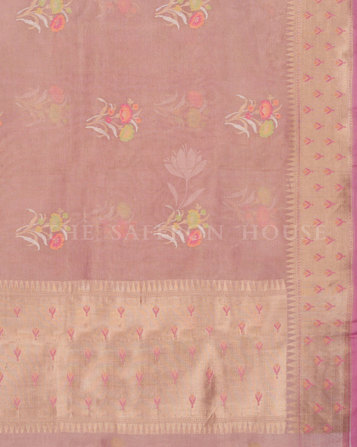 Dusty Rose Kora Banarasi Saree with Paithani-Inspired Border and Pastel Floral Motifs