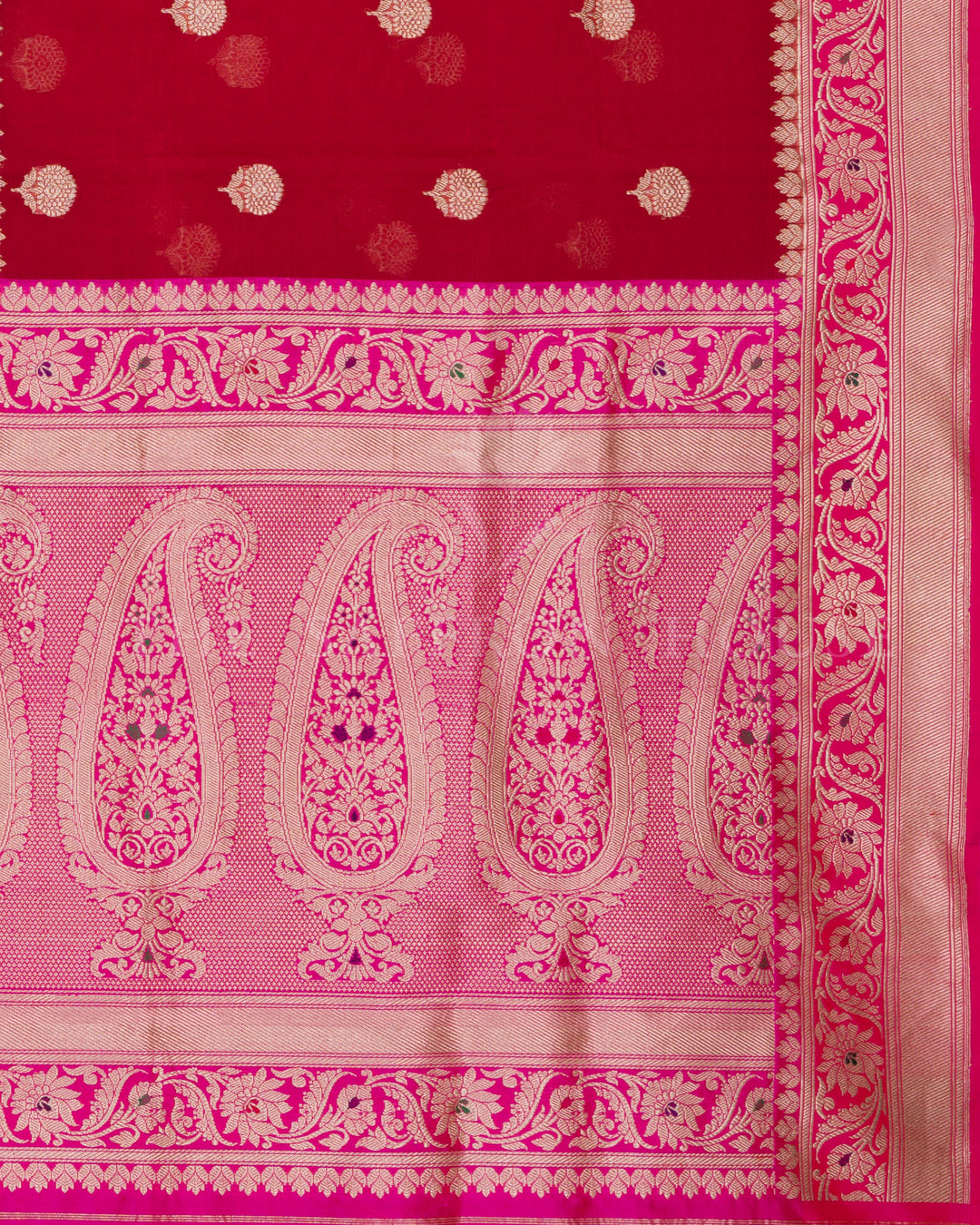 Half Kora Half Silk Banarasi Saree in Red and Rani Pink with Zari Paisley Border