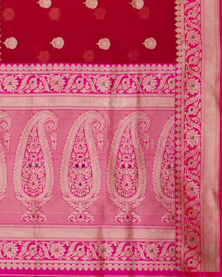 Half Kora Half Silk Banarasi Saree in Red and Rani Pink with Zari Paisley Border