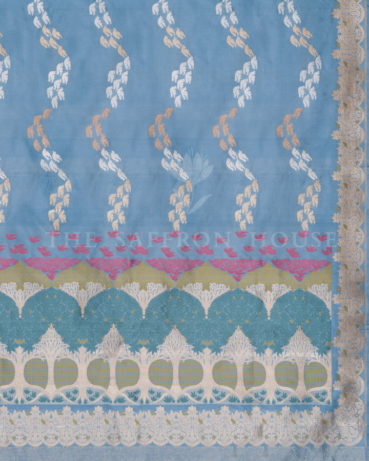 Sky Blue Katan Meenakari Banarasi Saree with Flying Bird Motifs and Jungle Border