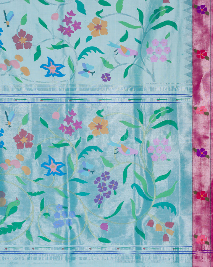 Sky Blue Pure Handloom Paithani Saree with Allover Floral & Hansa Motifs