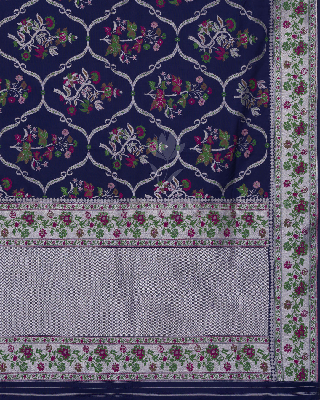 Midnight Navy Katan Banarasi Saree with Resham Floral Jaal and Silver Zari Border